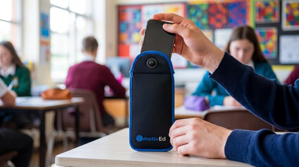 Estudiante guardando su celular en la funda motivEd en el aula
