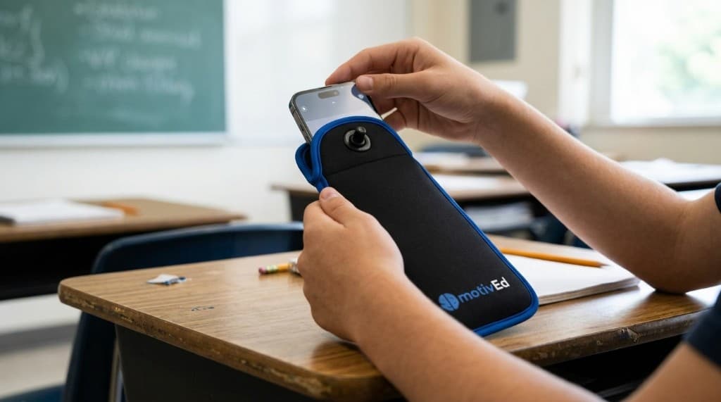 Alumno guardando su pouch MotivEd en la mochila durante la jornada escolar